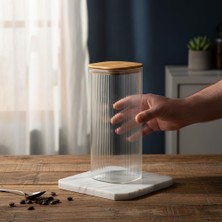 10X25 cm Bambu Kapaklı Kare Cam Saklama Kavanozu - Vakumlu Dev Boy Şeffaf Erzak Kabı Spagetti Makarna Bakliyat Kutusu ve Kiler Düzenleyici Organizatör
