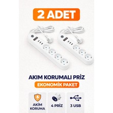 L'edoren 2 Adet Akım Korumalı 4'lü Priz 3 USB Girişli 2 Metre Kablolu Çoklu Priz Uzatma Prizi