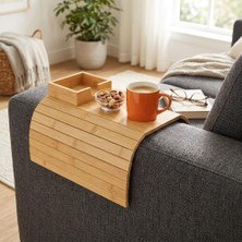 OEM Bambu Koltuk Kenarı Tepsisi ve Organizer - Katlanabilir Bölmeli Ahşap Kanepe Yanı Sehpa, Bardaklık ve Kumandalık (41 x 33.5 x 4.5 Cm)