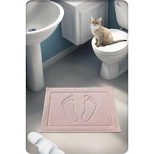 OEM %100 Pamuk Dokuma Su Emici Banyo Paspası Ayak Desen 60X40 cm (Pudra)