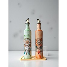 OEM 500 ml El Boyaması Cam Yağdanlık Seti – Dreamcatcher (Rüya Kovucu) Desenli | Ahşap Standlı Turuncu