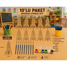 Wood Story Woodstory 10'lu Ahşap Uzay Roketi Boyama Seti | Anaokulu Etkinlik Kiti | Çocuk Boyama ve Yapboz Etkinlik Seti | 10 Fırça ve 5 Adet 6 Renk Akrilik Boya Dahil