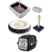 OEM Premium Kedi Başlangıç Seti - Açık Kedi Tuvaleti, Taşıma Sepeti, Peluş Simit Yatak, Tırmalama Tahtası, Ikili Mama Kabı, Kürek - At8