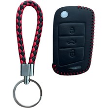 OEM Autohan Keys Deri Anahtar Koruma Kılıfı Volkswagen Golf 7, Golf 7.5, Tiguan, Polo, T-Roc, T-Cross Için, Kırmızı Siyah Örgülü Tasarım