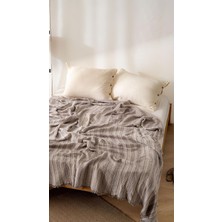 OEM Boho Çizgili Yatak Örtüsü 4 Katlı MÜSLIN%100 Pamuk Yumuşak Lüks Yazlık Pike Çift Kişilik Battal Boy 240X260 cm (Bej)