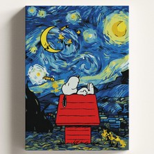 OEM Sayılarla Boyama Tuval Hobi Seti, Yıldızlı Gece Snoopy Temalı Fırça ve Boya Dahil Set (Çıtalı) 40X50 Cm, Kendin Yap Sayılarla Tuval Boya Kiti (Kasnaklı)