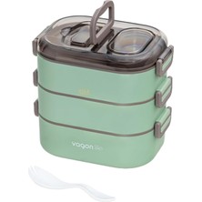OEM Vagonlife Bento 1450ML Lunchbox Üç Katlı 5 Bölmeli ve Mini Sosluklu Çelik Sefer Tası Yemek Kutusu (Yeşil)