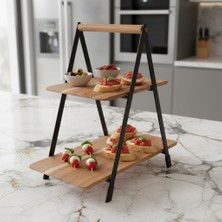OEM 2 Katlı Akasya Ahşap Sunum Standı - Silikon Kaplamalı Siyah Metal Gövdeli Meyvelik Kurabiyelik Kahve Köşesi ve Mutfak Banyo Düzenleyici Organizer (16 x 26.5 x 34 Cm)