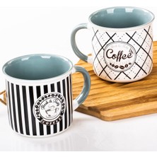 OEM Mukko Home 2'li Kupa Seti Retro Tarzı Kahve Temalı Porselen Kupa – 350M,MAVI C+D