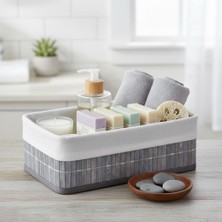 OEM Bambu Detaylı Çok Amaçlı Saklama Kutusu – 25X15X8 cm Dekoratif Kumaş Organizer | Mutfak, Banyo, Dolap Içi ve Raf Düzenleyici | Çekmece Içi Derin Organizer Kutu Gri