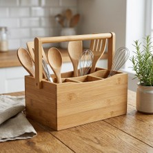 OEM 4 Bölmeli Bambu Kaşıklık ve Organizer - Tezgah Üstü Çatal Bıçak Düzenleyici Taşıma Kulplu Servis Standı (23 x 16 x 12 Cm)