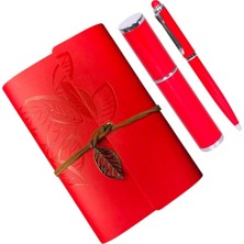 OEM Mr Shopping Deri Kraft Kağıtlı Defter ve Kalem Seti Hediye Seti Özel Tasarım (Kırmızı)