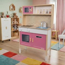 OEM Su Akan Musluklu ve LED Işıklı Ahşap Çocuk Oyuncak Mutfak Seti - Pembe Büyük Boy Montessori Eğitici Mutfak