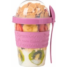 OEM Renkli Take And Go Kaşıklı Hazneli Meyveli Yoğurt Kabı Piknik Iş Atıştırmalık Diyet Müsli Granola Süt Bardağı (Pembe)