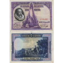 Banknoting Ispanya 100 Peseta 1928. Cervantes ve Don Kişot Temalı. Çok Çok Temiz(-) Kondisyon.