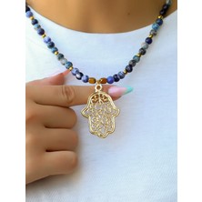 Esha Store Doğal Taş Lapis Apatit Hematit Doğal Taşlı Fatma Ana Eli Altın Kaplama Kadın Kolye EUK55LAH