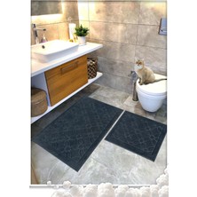 OEM %100 Pamuk Dokuma Su Emici Banyo Paspas Seti, Banyo Halısı Çiçek 2 Li Set 60X100-60X50 (Antrasit)