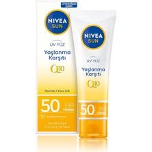 Mey İthalat Nıvea Sun Yaşlanma ve Leke Karşıtı Q10 Yüz Güneş Kremi SPF50 50 Ml, Nemlendirme, Normal ve Kuru Ciltler
