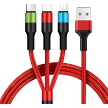 OEM 3 In 1 Hızlı Şarj Kablosu, Örgülü 1.2m Kırmızı, Lightning, Type-C, Micro Usb, 3A Güçlü Dayanıklı Kablo, Ios ve Android Uyumlu