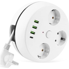 OEM Vea 7 In 1, Akım Korumalı Grup Priz, 3'lü, Anahtarlı, 3 Usb, 1 Type-C, 1.5 Metre Kablolu, Kablosu Toplanabilir Makaralı, 850 Derece Isıya Dayanıklı