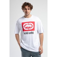 Ecko Unltd. ITHACA Beyaz Bisiklet Yaka Nakışlı Oversize Erkek Tshirt