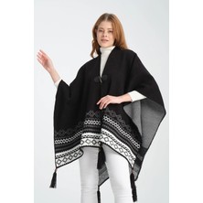 Wega Moda Vega Moda Etnik Desenli Panço, Balıkçı Dikişli Düğme Detaylı Panço, Dış Giyim Panço, Triko Örğü Şık Panço