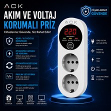 Ack Akım ve Voltaj Korumalı Priz | Çift Prizli | LED Ekranlı | 15 A |3000W Güç Kapasiteli | Aşırı ve Düşük Voltaj Koruması