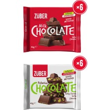 Züber Antep Fıstıklı Sütlü Çikolata 42G x 6 Adet + Sütlü Çikolata 42G x 6 Adet