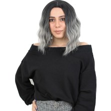 Fiber Sentetik Kısa Dalgalı Perçemsiz Peruk / Siyah / Gri Ombreli