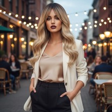 Dalgalı Perçemli Fiber Sentetik Orta Boy Peruk / Kahve Platin Röfleli