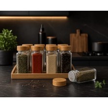 Bambu Kapaklı Cam Baharatlık Seti 12 Adet, Şeffaf Kare Baharat Kavanozu, Plastik Delikli Iç Kapaklı Kontrollü Döküm Sistemi, 11X4X4 cm Mutfak Düzenleyici Baharat Saklama Kabı Seti