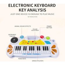 Teknocan Marketing Elektronik Org Müzik Seti Mikrofonlu 45 cm Çocuk Piyano Mp3 Girişli LED Işıklı Karaoke Oyuncak 3+ Yaş Beyaz