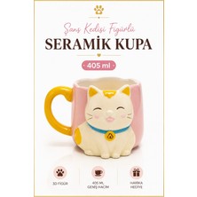 Rosie Sarı Kuyruk Detaylı Kulp, Pembe 3D Kedi Figürlü Kupa 405 ml