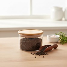 Bambu Kapaklı Borosilikat Cam Saklama Kabı - 200 ml Vakumlu Küçük Boy Baharatlık ve Erzak Kavanozu