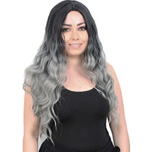 Su Dalgası Uzun Perçemsiz Fiber Sentetik Peruk / Siyah / Gri Ombreli