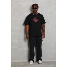 Tarz Yeri Erkek Baskılı Tişört Kısa Kol Bisiklet Yaka Oversize T-Shirt - Siyah