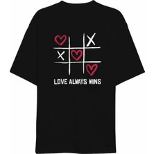 Tarz Yeri 14 Şubat Sevgililer Günü Love Always Wins Baskılı Oversize Bisiklet Yaka T-shirt - Siyah
