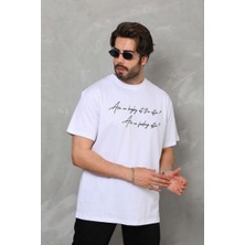 Tarz Yeri Erkek Kısa Kol Yazlık Tişört Bisiklet Yaka Baskılı Oversize T-Shirt - Beyaz