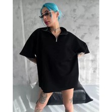 Fi Labels Kadın Yarım Fermuarlı Tişört Düz Oversize T-Shirt - Siyah
