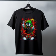 Velmora Fashion Marvin the Martian Graffiti Baskılı Unisex Siyah Tişört - 24/1 Penye Pamuklu