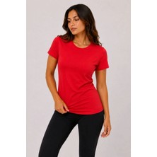 Hsc Bilişim Kadın Basic Tişört Bisiklet Yaka Kısa Kol Günlük Yazlık Slim fit T-Shirt - Kırmızı