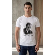 Tarz Yeri Erkek Atatürk Baskılı Tişört Kısa Kollu Bisiklet Yaka T-Shirt - Beyaz