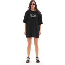 Tarz Yeri Kadın Kısa Kol Yazlık Tişört Bisiklet Yaka Baskılı Oversize T-Shirt - Siyah