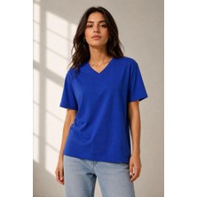 3 Kadın V Yaka Basic Tişört Kısa Kol Yazlık Regular Fit T-Shirt - Saks Mavisi