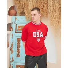 Velmora Fashion Erkek Bisiklet Yaka Tişört Nakış İşlemeli Kısa Kol Oversize T-Shirt - Kırmızı