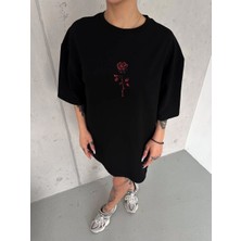 Velmora Fashion kadın Bisiklet Yaka Baskılı Oversize  Kısa kol T-Shirt - Siyah