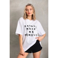 Tarz Yeri Kadın ön ve arka Baskılı Oversize Kısa kol  T-Shirt - Beyaz