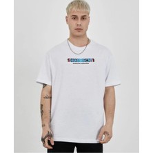 Tarz Yeri Erkek Kısa Kol Yazlık Tişört Bisiklet Yaka Baskılı Oversize T-Shirt - Beyaz