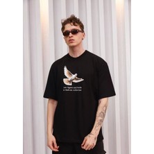 Tarz Yeri Erkek Kısa Kol Yazlık Tişört Bisiklet Yaka Baskılı Oversize T-Shirt - Siyah