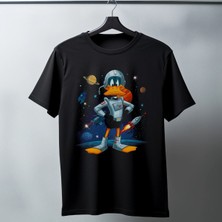 Velmora Fashion Duck Dodgers Uzay Baskılı Unisex Siyah Oversize Tişört - 24/1 Penye